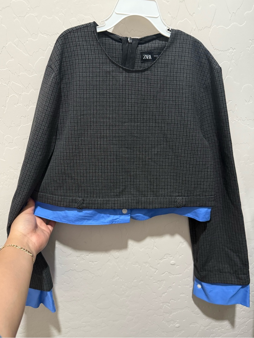 Zara Black Cropped Button-Down Shirt with Blue Trim